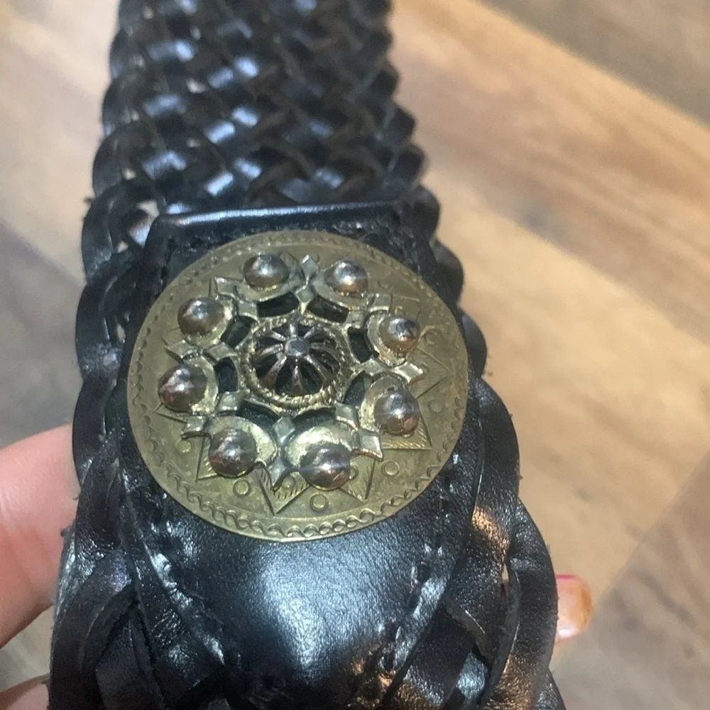 XS/SmallVintage Black Braided Leather Wide Belt With Ornate Carved Gold Buckle 0